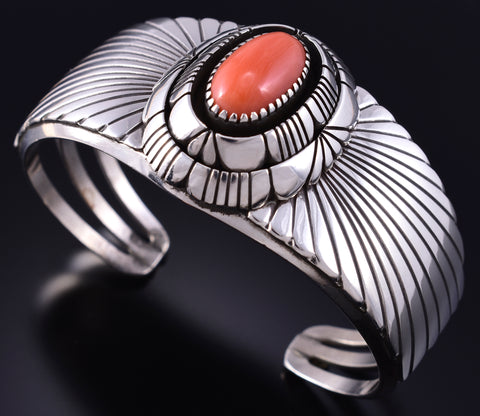 Vintage Silver & Coral Navajo Handmade Sunrise Bracelet by Chester Benally 5K22W