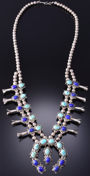 Vintage Silver & Turquoise w/ Lapis Navajo Squash Blossom Necklace 6H31S