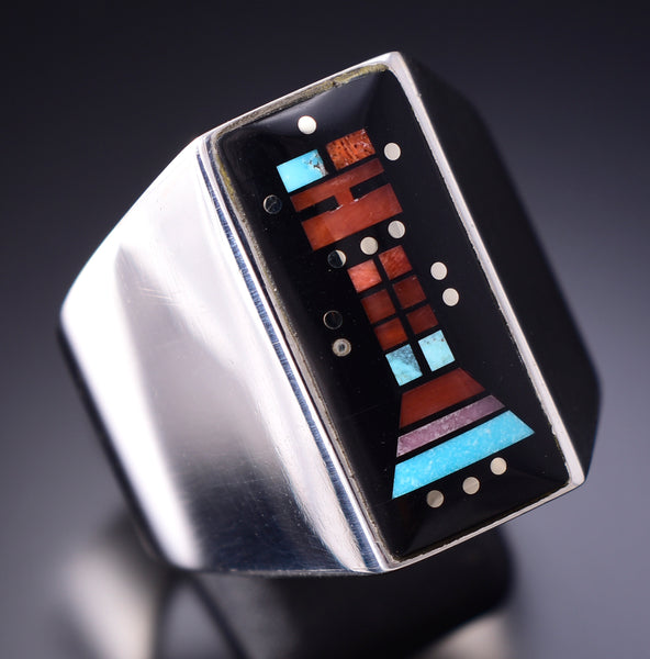 Vintage Sz 13 Silver & Jet Navajo Inlay Yei Bi Chei Men's Ring by Jimmy Harrison 6E14F