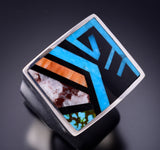 Size 9-3/4 Silver & Turquoise Multistone Navajo Inlay Men's Ring by TSF 3L07B