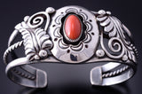 Vintage Silver & Coral Eagle Feathers Navajo Bracelet by ORH 3J30P