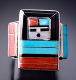 Size 9 Silver & Turquoise Multistone Zuni Inlay Sunface Ring by Don Dewa 6H25X