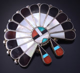 Vintage Silver & Turquoise Multistone Zuni Inlay Sunface Pendant/Brooch 5F10M