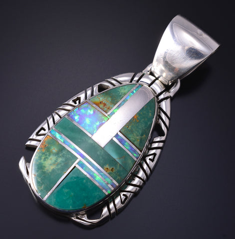 Silver & Turquoise w/ Opal Navajo Inlay Pendant by RH 5G22Z