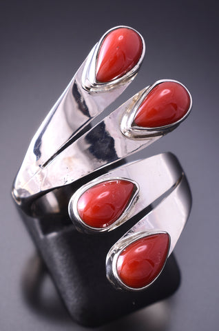 Adjustable Silver & Coral Navajo Handmade Wrap Ring by Thomas Yazzie 4A12P