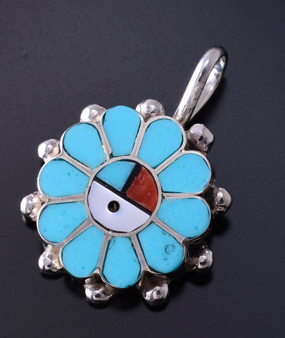 Silver & Turquoise Multistone Zuni Inlay Sunface Pendant by Maxine Soseeah 5D07G