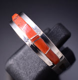 Size 10-1/2 Silver & Coral Navajo Inlay Ring by Wilbert Muskett 6D28V