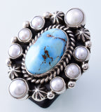 Size 7 Silver & Golden Hills Turquoise & Fresh Water Pearl Navajo Ring by Erick Begay 3H19E