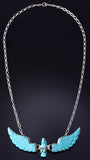 19" Silver & Turquoise 3-Piece Moveable Eagle in Flight Navajo Necklace 5F10O