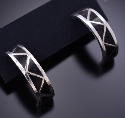 Silver & Jet Navajo Inlay Half Hoop Earrings by Roger Morgan 6D22P