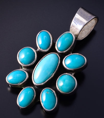 Vintage Silver & Turquoise Navajo Handmade Cluster Pendant Stamped KCT 5F04W