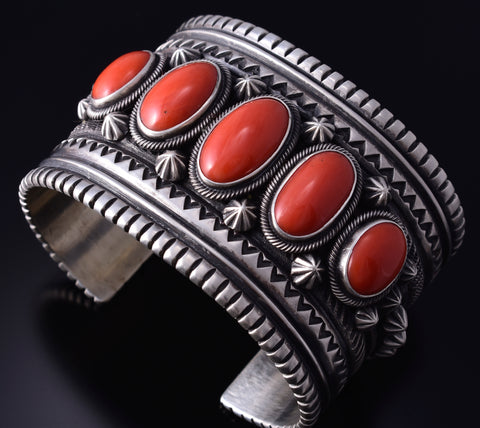 Silver & Mediterranean Coral Row Navajo Handmade Bracelet by Erick Begay 5H01A