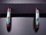 Silver & Turquoise Multistone Zuni Inlay Half Hoop Earrings by Jeanette Chavez 3G03E