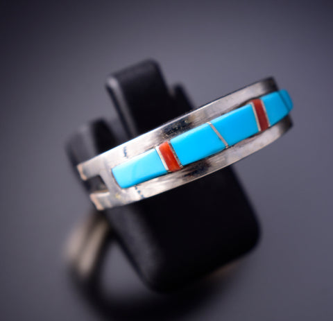 Size 10-1/4 Navajo Silver and Turquoise Coral Men's Inlay Ring by Wilbert Muskett 6K27X