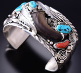 Silver & Turquoise Coral w/ Bear Claw Navajo Bracelet Mike Thomas Jr. 6D22W