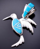 Silver & Turquoise Navajo Inlay Hummingbird Pendant by TSF 3L08B