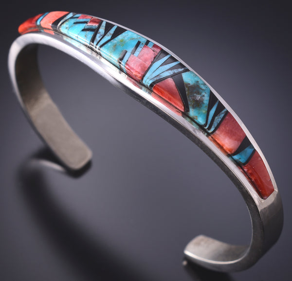 Silver & Turquoise Multistone Navajo Inlay Bracelet by CW 6D07F