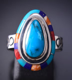 Size 9 Silver & Turquoise Multistone Native American Inlay Ring stamped DR 6F17C
