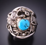 Size 9-3/4 Silver & Turquoise Wolf Mens Ring by Jeanette Saunders 3G05R