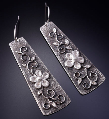 Silver Navajo Tufacast Flowers Alive Long Earrings by Rebecca T. Begay 5B19W