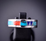 Size 10-1/4 Silver & Turquoise Multistone Navajo Inlay Men's Band Ring by TSF 3L07R
