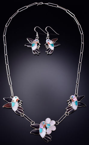 Vintage Silver Multistone Zuni Hummingbirds Necklace Earring Set W & E Gia 6F22D