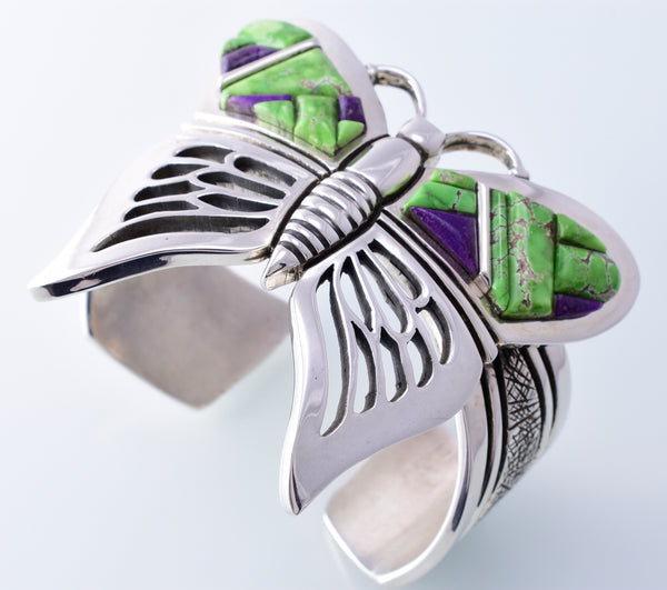 Silver & Carico Lake Turquoise & Sugilite Navajo Inlay Butterfly Bracelet by Erick Begay 3H20S