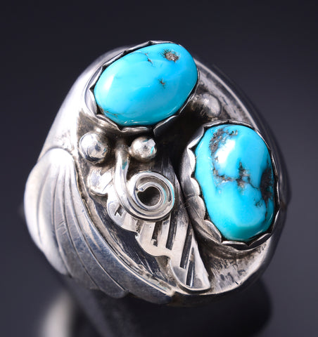 Size 9-3/4 Vintage Silver & Turquoise Eagle Feather Side Navajo Ring by JK 6A03Q