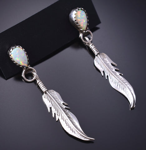 Silver & Opal Navajo Handmade Eagle Feather Earrings - Robertson Morrison 6D27Y