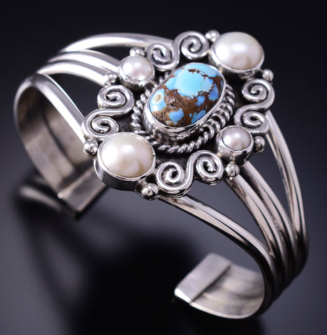 Silver & Golden Hills Turquoise Fresh Pearl Navajo Bracelet by Erick Begay 6F28Q