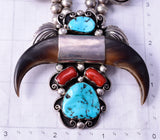Vintage Silver & Turquoise Coral Bear Claw Navajo Necklace by EB 4K28A
