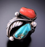 Size 7-3/4 Vintage Turquoise and Coral Navajo Handmade Ring 3E10H