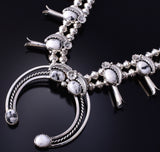 Silver White Buffalo Turquoise Navajo Squash Blossom Necklace/Earring Set 5G28V
