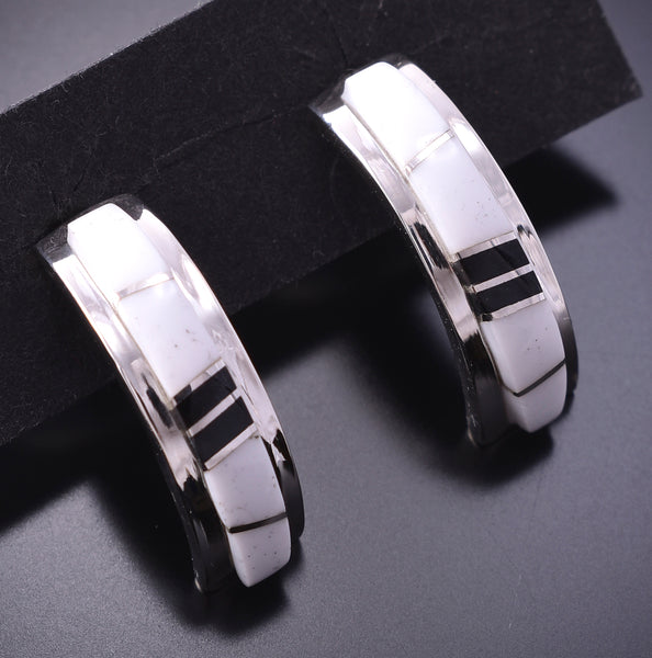 Silver & White Buffalo Turquoise Navajo Inlay Hoop Earrings by TSF 4A25H