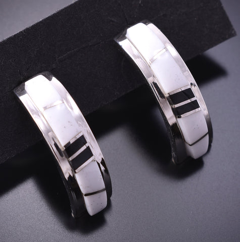 Silver & White Buffalo Turquoise Navajo Inlay Hoop Earrings by TSF 4A25H