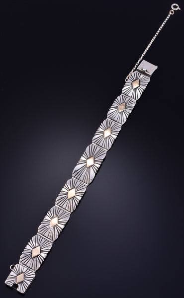 Vintage Silver & 14k Gold Navajo Handmade Link Bracelet stamped L 5K22D