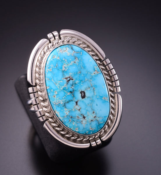 Size 6-3/4 Silver & Kingman Turquoise Navajo Round Ring by Dave Skeets 3F22P