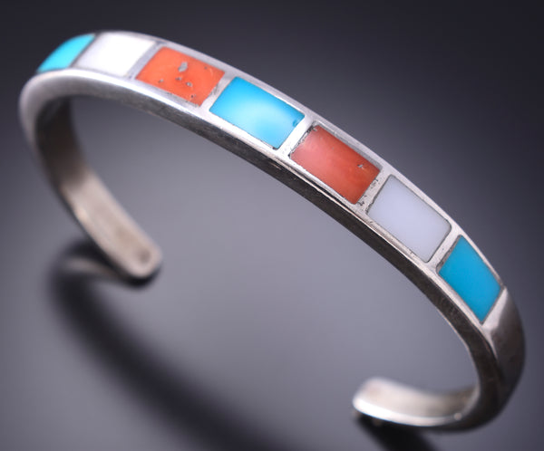 Vintage Silver & Turquoise Multistone Navajo Inlay Bracelet 6H31H