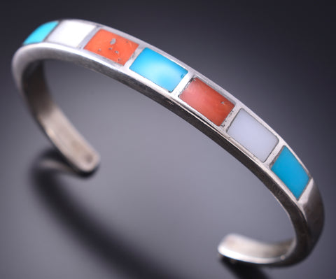 Vintage Silver & Turquoise Multistone Navajo Inlay Bracelet 6H31H