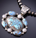 Silver & Golden Hills Turquoise Fresh Pearl Navajo Pendant by Erick Begay 6F27R