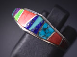 Size 7-1/2 Silver & Turquoise Multistone Navajo Inlay Ring - Rose Ann Long 5L07W