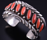 Vintage Silver & Coral Row Navajo Handmade Sway Bracelet 5K17C