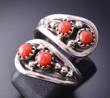 Adjustable Silver & Coral Navajo Handmade Wrap Ring by Genevieve Francisco 4A12X
