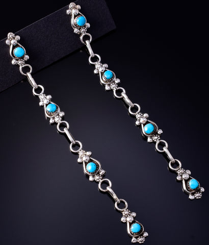 Silver & Turquoise Zuni Handmade Duster Earrings by Verdi Booqua 5G22N
