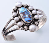 Silver & Golden Hills Turquoise & Fresh Pearl Navajo Bracelet by Erick Begay 3H19Q