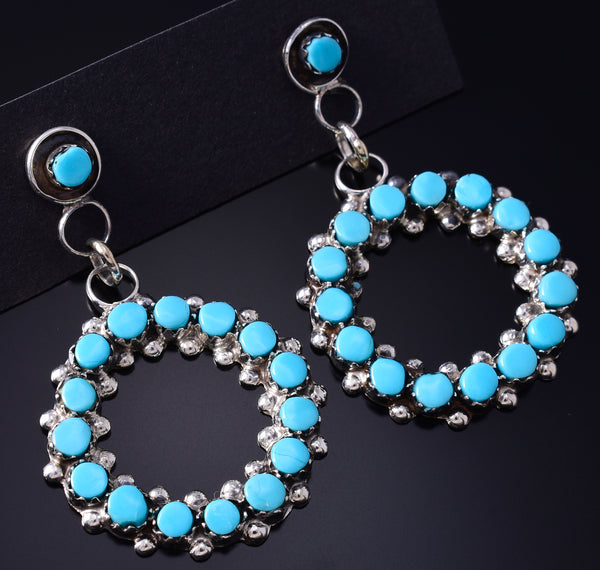 Silver & Turquoise Zuni Petit Point Hoop Earrings by Marlon Quam 5G22L