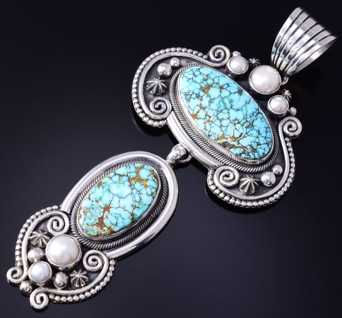 Silver & Blue Moon Nevada Turquoise Navajo Pendant by Erick Begay 5H03U