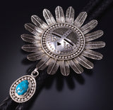 Silver & Turquoise Navajo Handmade Sunface Kachina Bolo Tie Wilford Begay 5J29O