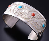 Turquoise & Coral Hummingbirds Navajo Bracelet by Philbert Begay 3J30E
