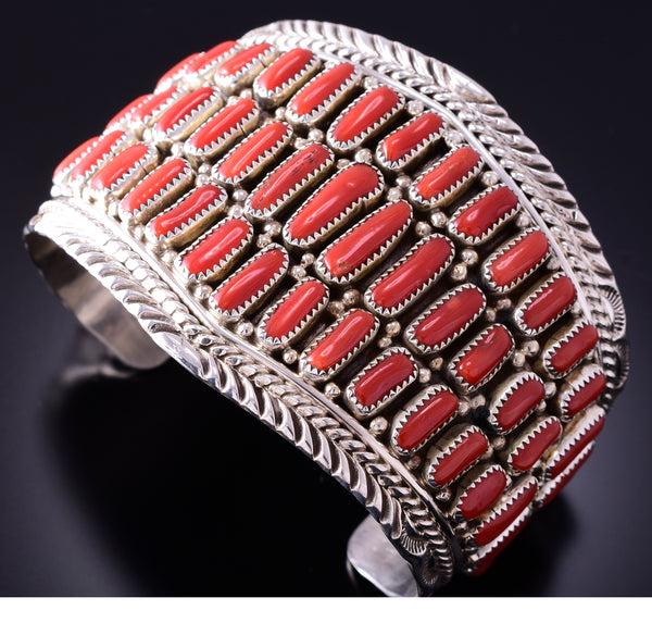 Silver & Coral Navajo Handmade Wide Bracelet by Marlene Haley 4A19A